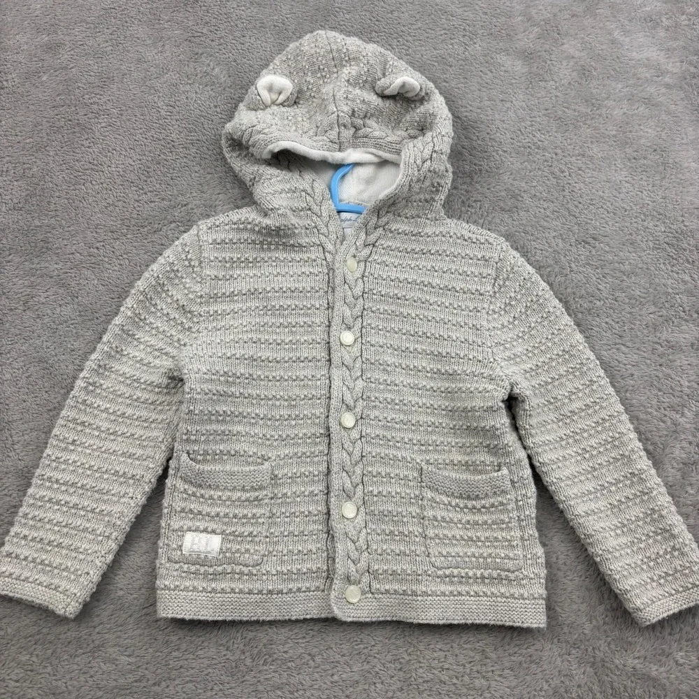 Ralph Lauren Bear Ear Hooded Cardigan Sweater Unisex 18M Baby‎ Gray Cotton Logo